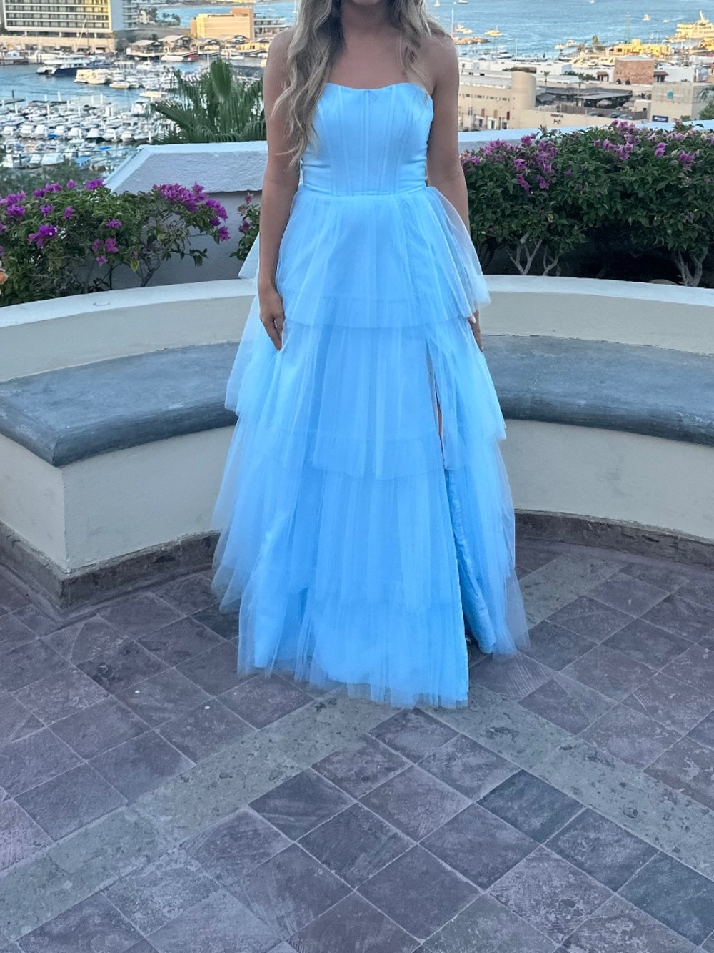 Zapaka- A Line dusty blue Tiered Long Bridesmaid Dress